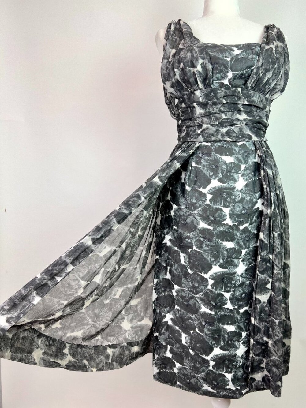 Vintage 50s 60s Gray Floral Cocktail Dress with Chiffon Overlay Size XS